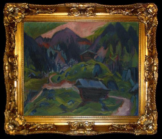 framed  Ernst Ludwig Kirchner Kummeralp Mountain and Two Sheds, ta009-2